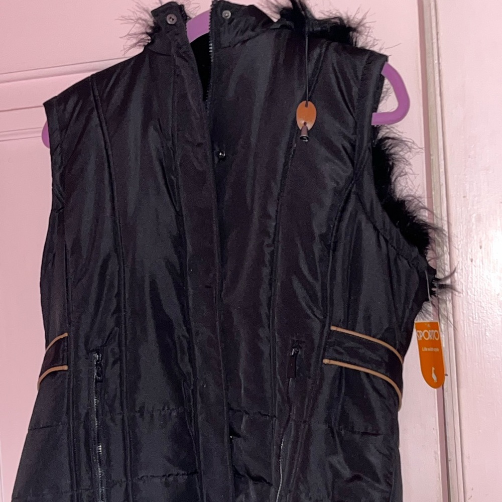Never Worn Polyester with Faux Hood Trim Fall/Winter Sleeveless Vest